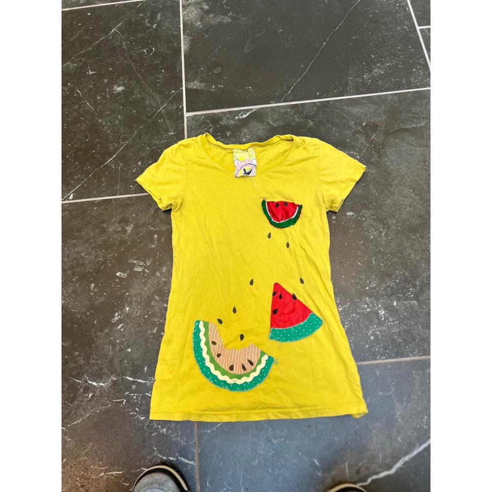 Crafty Couture Yellow Watermelon Patchwork T-Shirt Womens Small Fruit Summer Tee